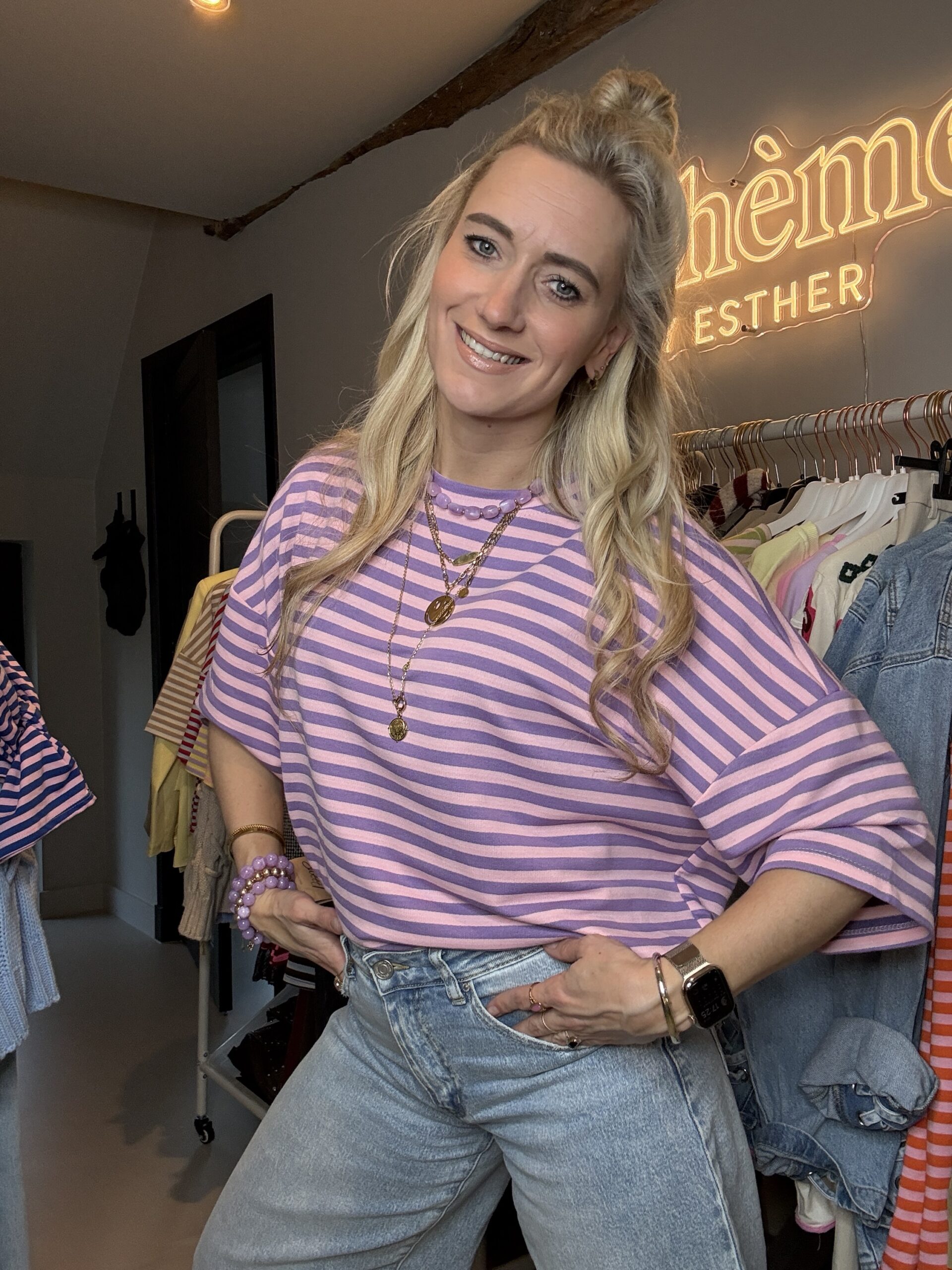 Oversized Streepjes Shirt korte mouw lila/roze - Afbeelding 2