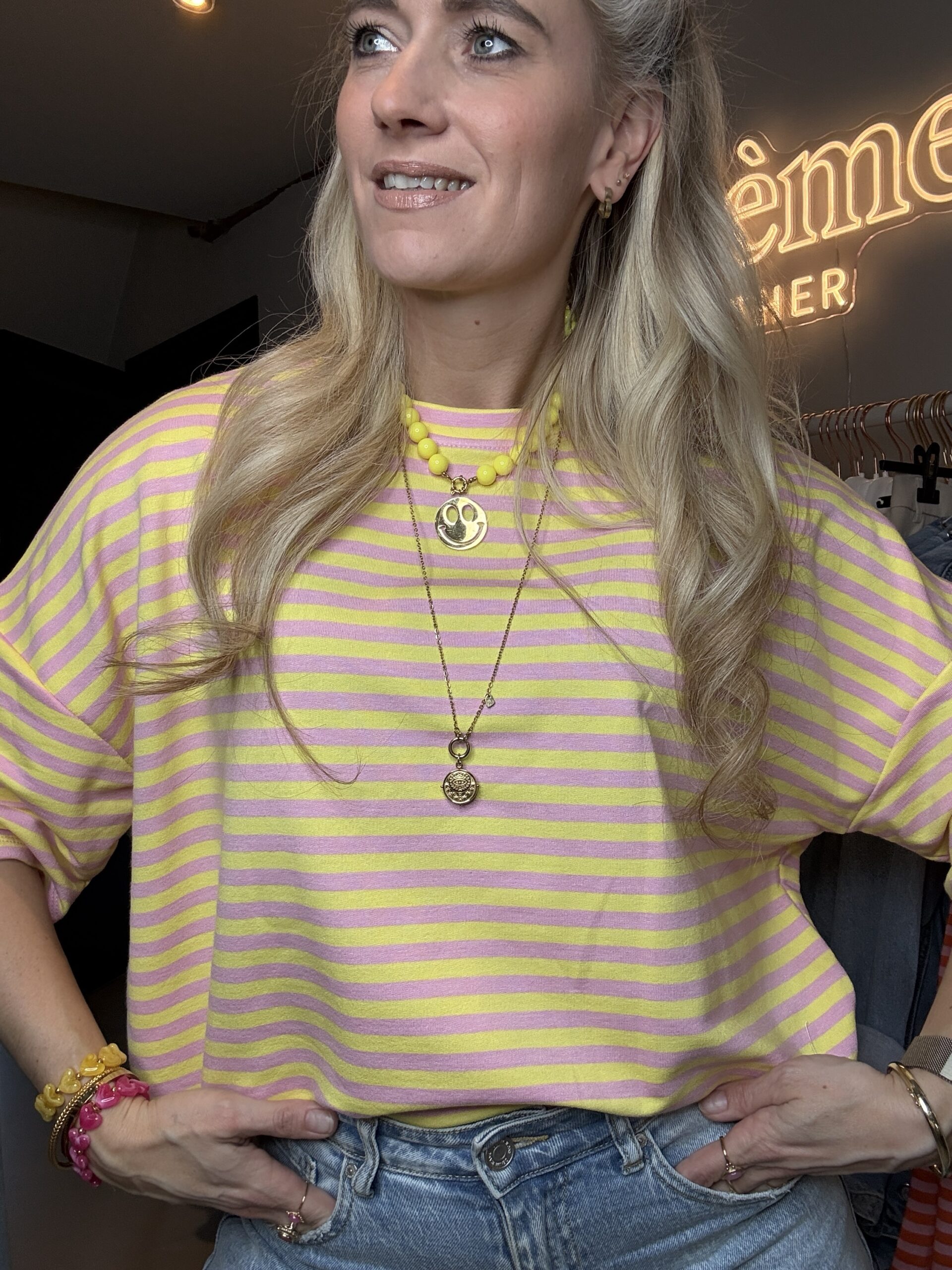 Oversized Streepjes Shirt korte mouw roze/geel - Afbeelding 3