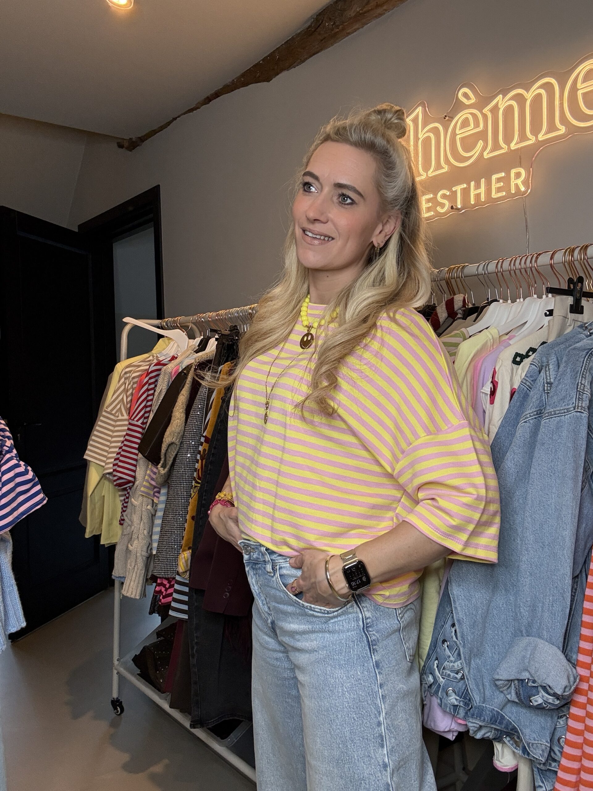 Oversized Streepjes Shirt korte mouw roze/geel - Afbeelding 2