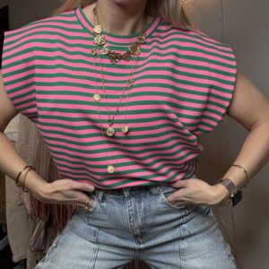 Gestreepte top met kapmouwtje groen roze