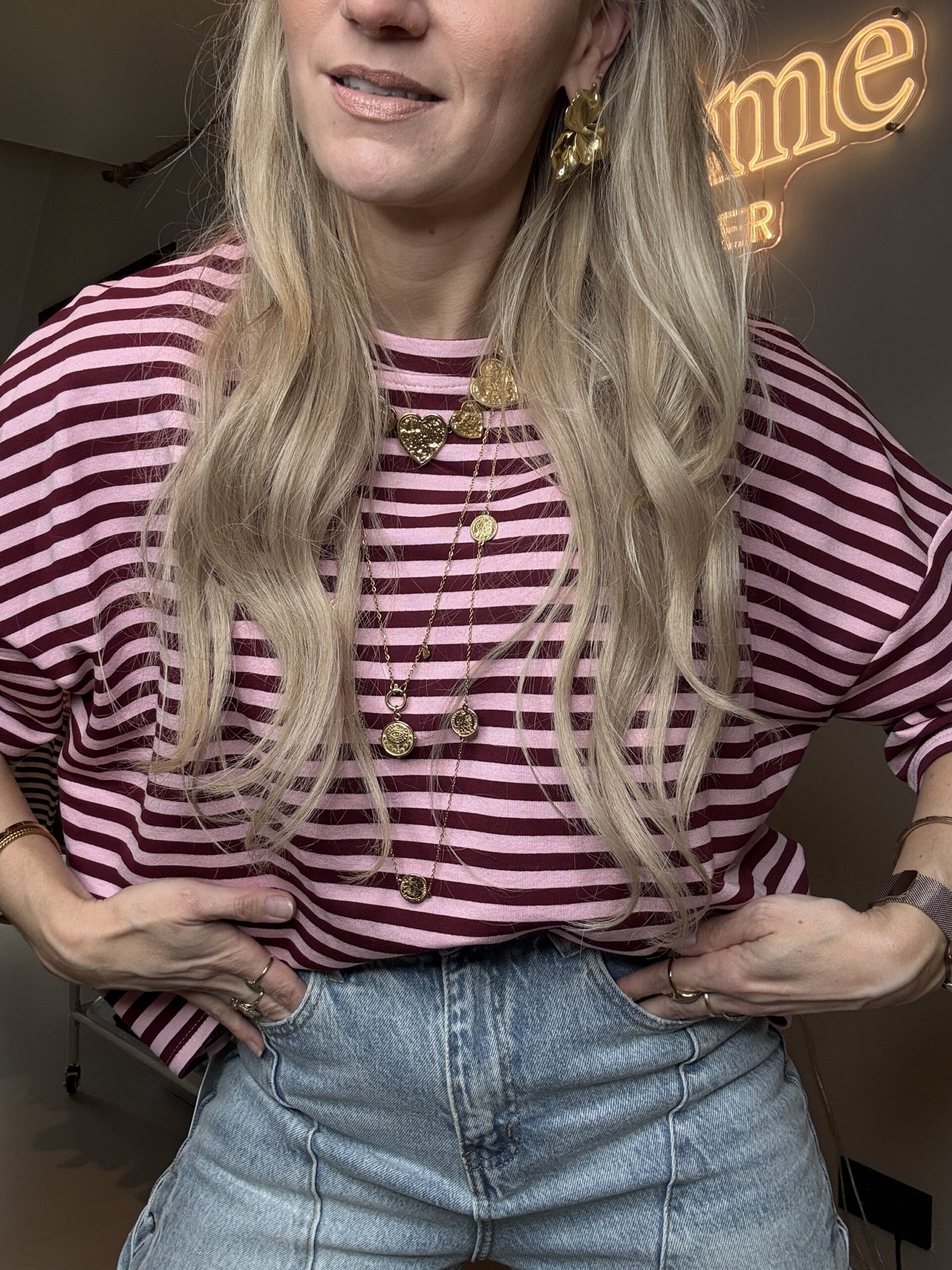 Oversized Streepjes Shirt korte mouw Bordeaux roze